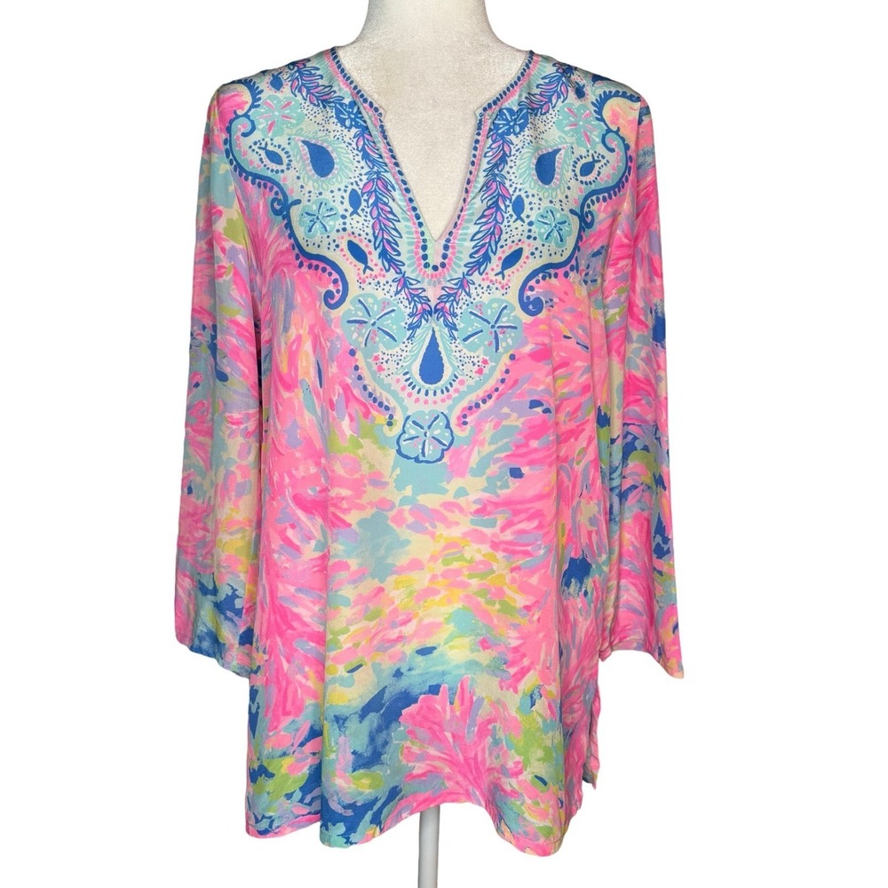 Lilly Pulitzer Renato Tunic Palm‎ Beach Coral Size S 100% Silk Beach Resort